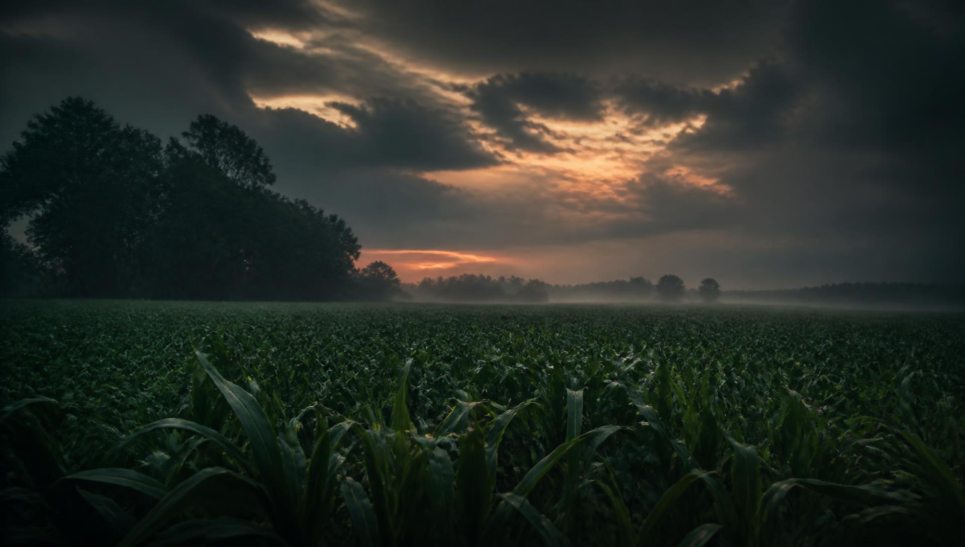 Cinematic view of a crop field at dusk